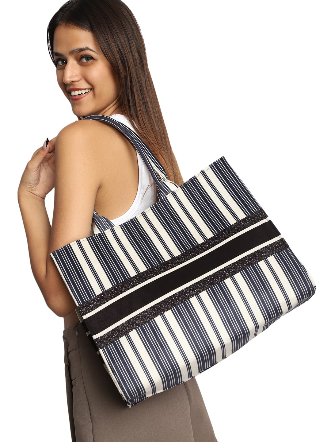

MINI WESST Striped Suede Structured Handheld Bag, Navy blue