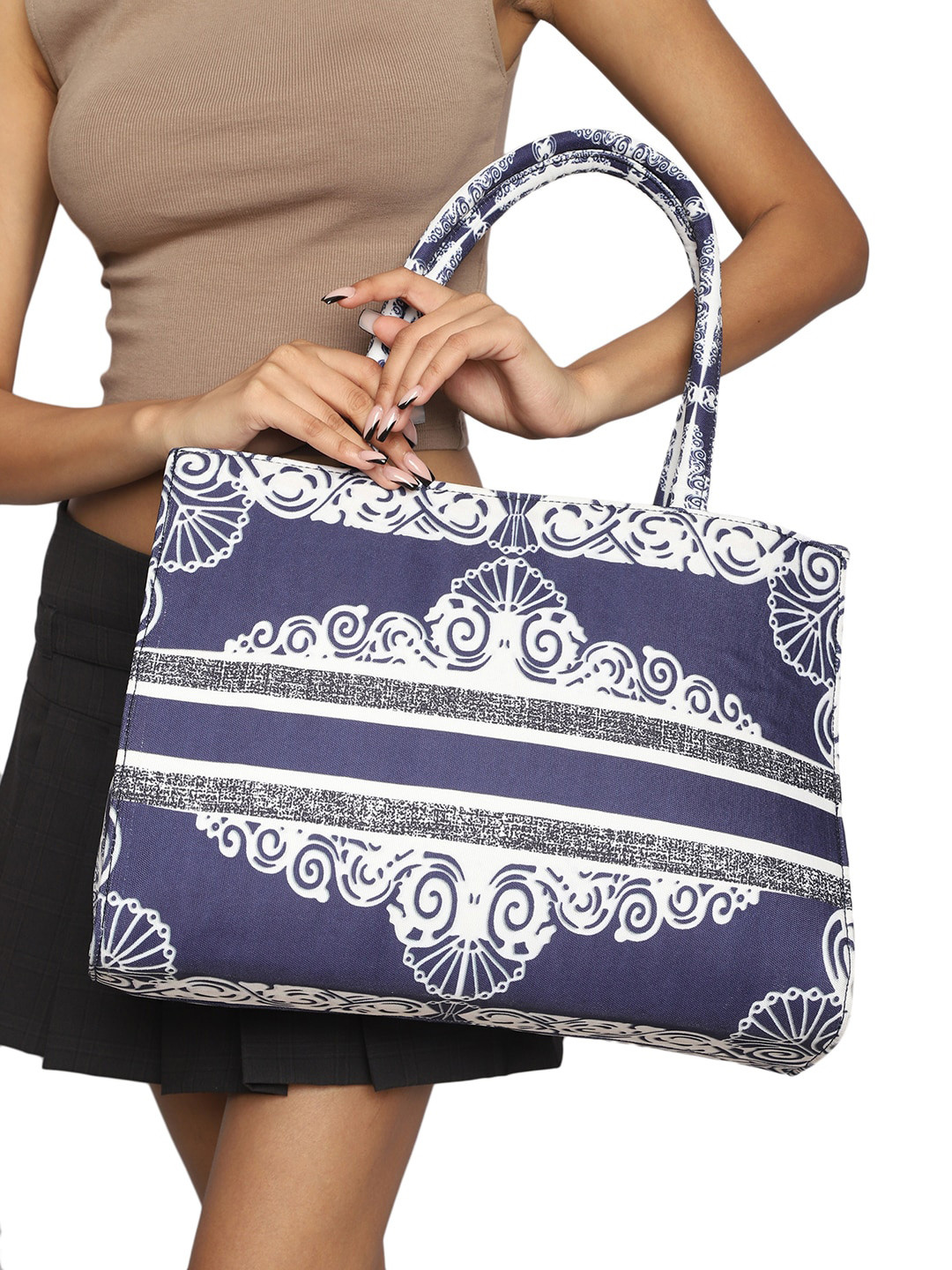 

MINI WESST Ethnic Motifs Printed Structured Handheld Bag, Blue