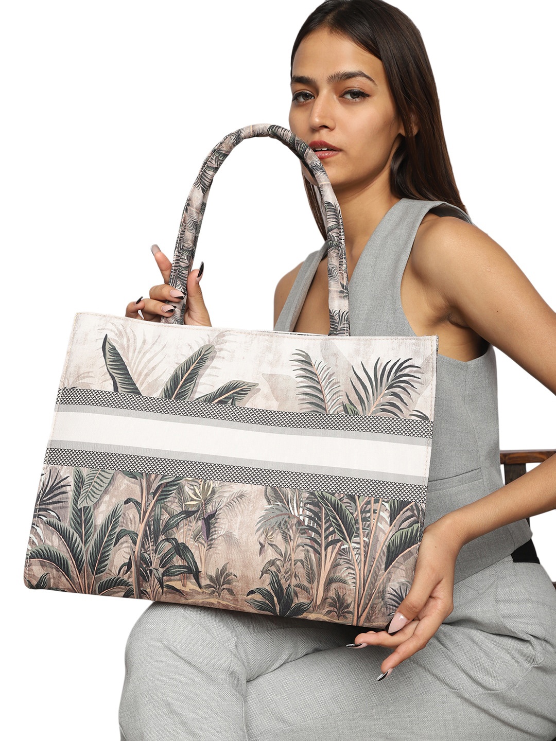 

MINI WESST Floral Printed Structured Tote Bag, Grey