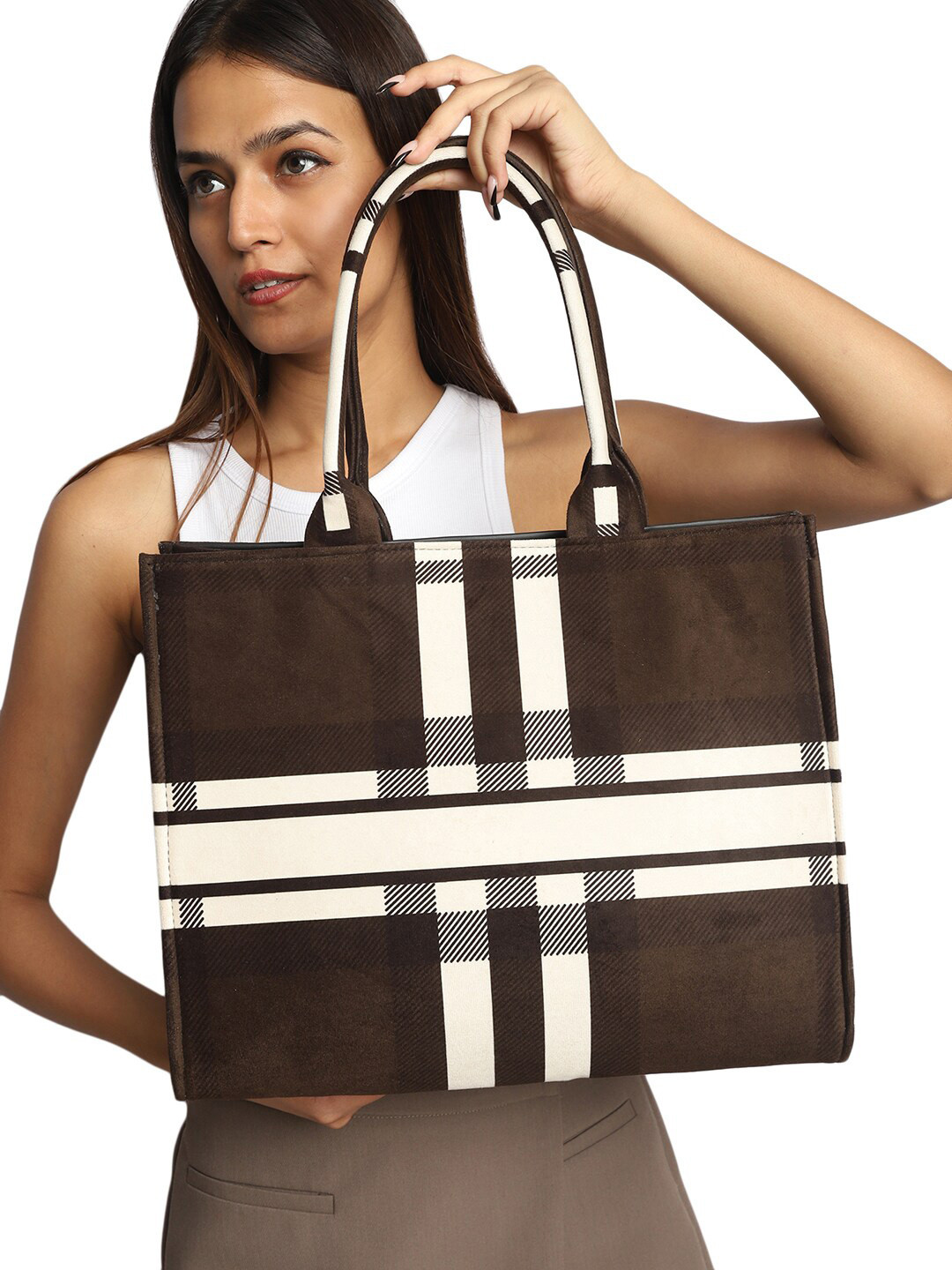 

MINI WESST Geometric Printed Suede Structured Tote Bag, Coffee brown