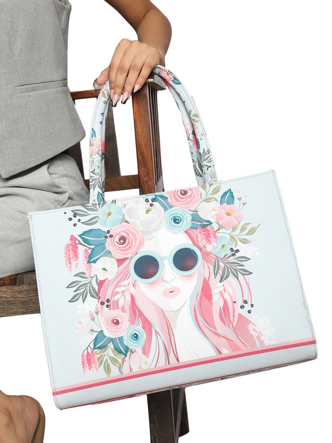 

MINI WESST Floral Printed Structured Tote Bag, Blue