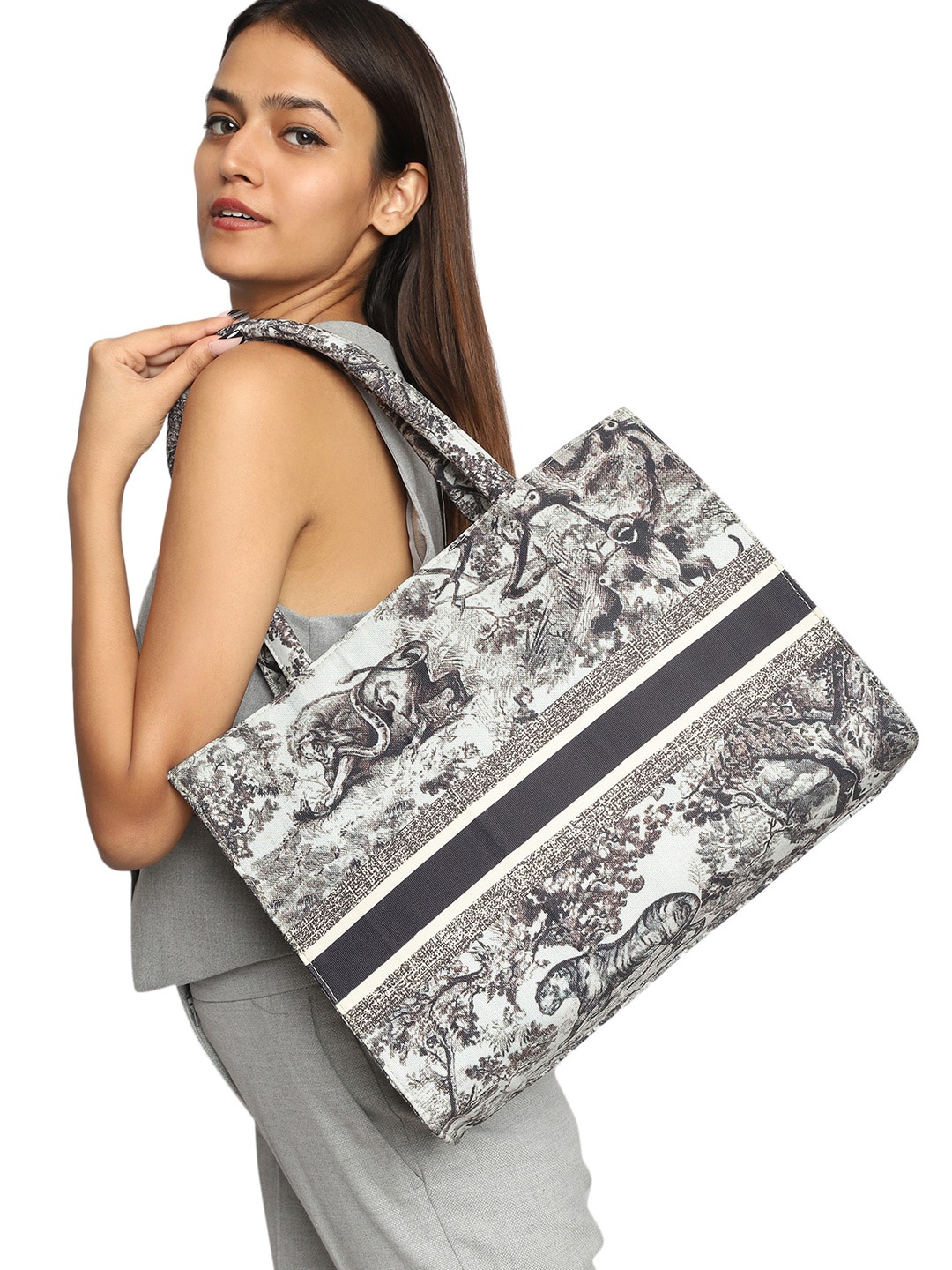 

MINI WESST Graphic Printed Structured Handheld Bag, Grey