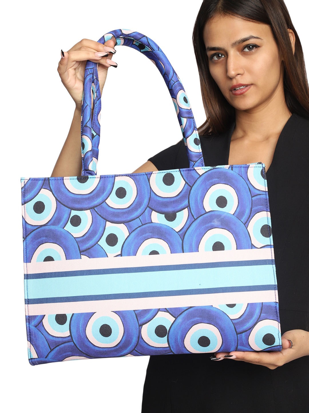 

MINI WESST Geometric Printed Oversized Structured Shoulder Bag Up to 16 inch, Blue