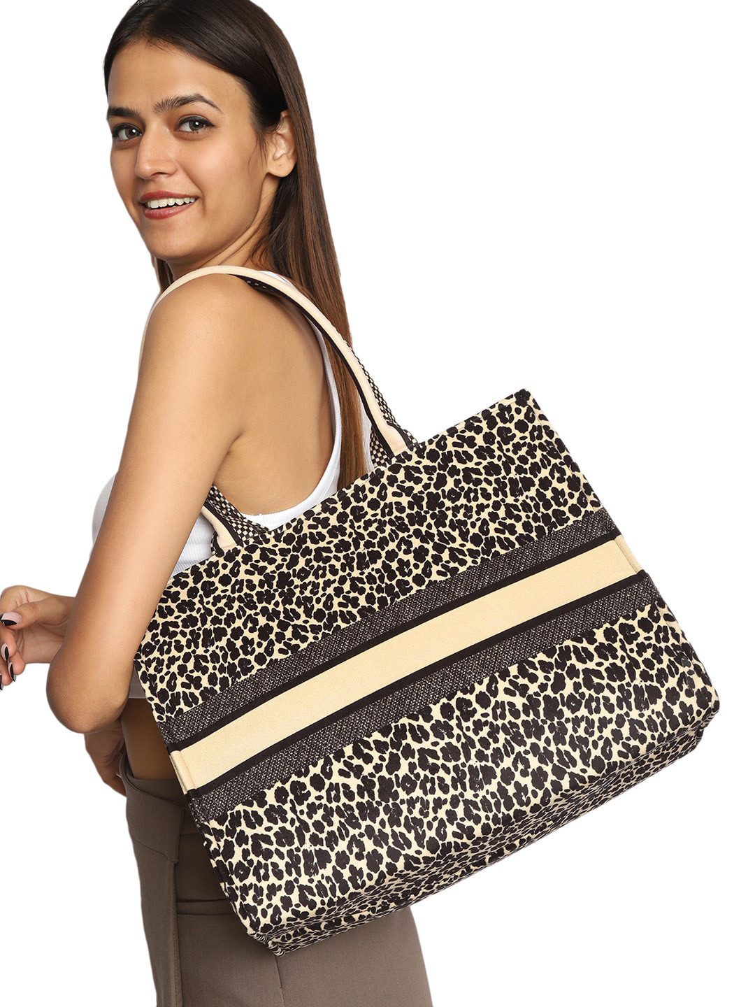 

MINI WESST Animal Printed Oversized Suede Structured Shoulder Bag, Beige