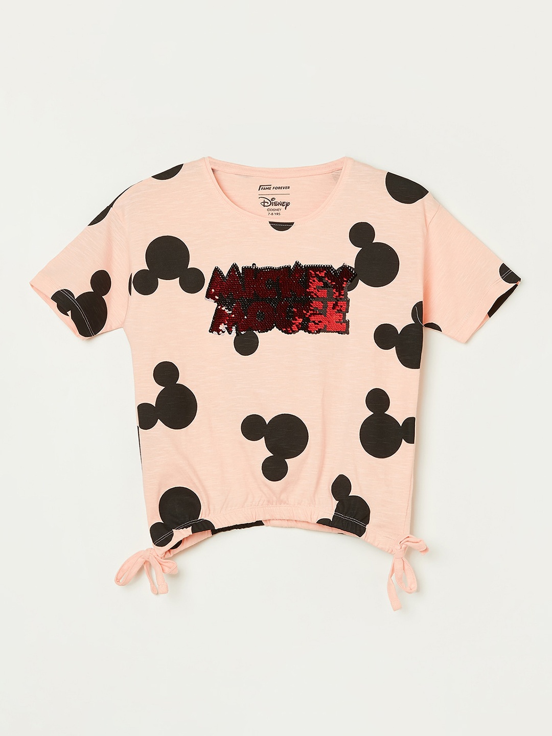 

Fame Forever by Lifestyle Girls Mickey Mouse Printed Round Neck Pure Cotton T-shirt, Peach