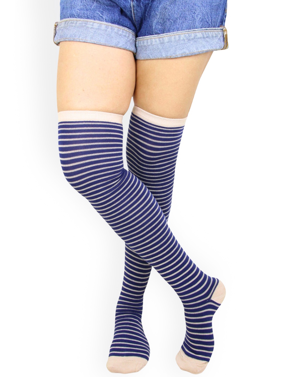 

BAESD Striped Cotton Patterned Above Knee Socks, Blue