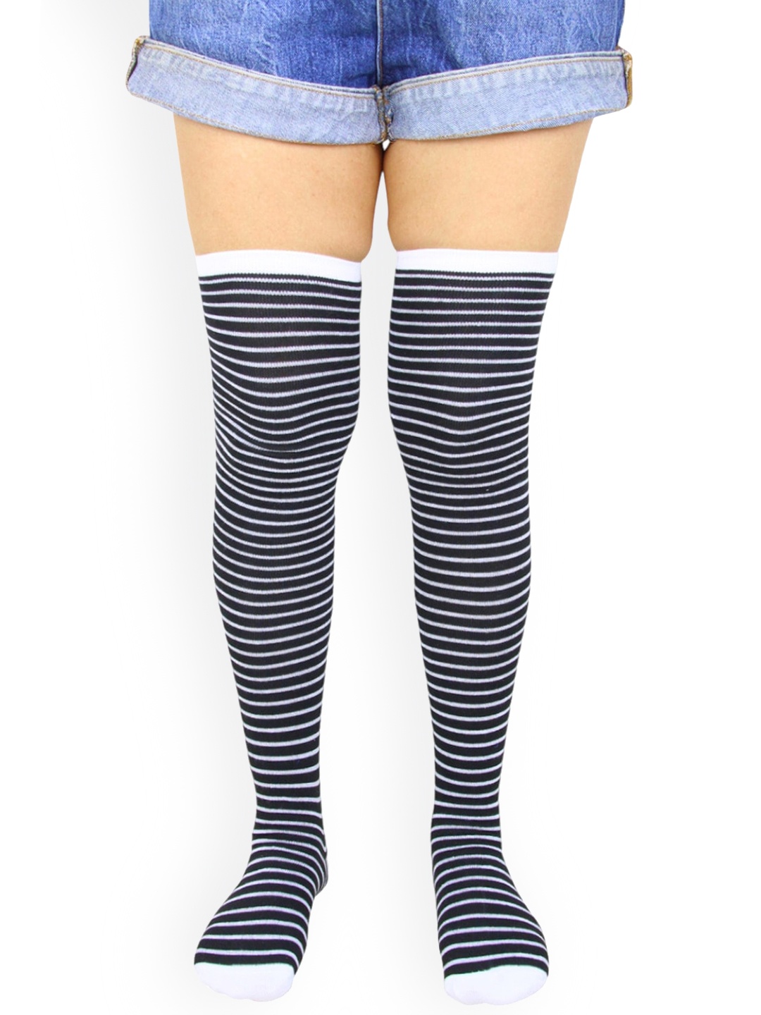 

BAESD Striped Cotton Patterned Above Knee Socks, Black