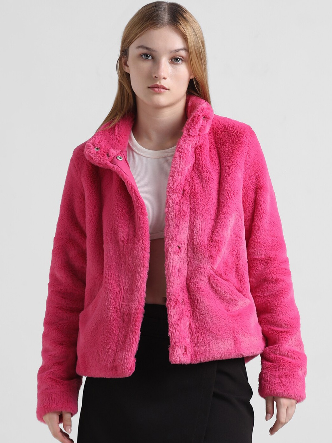 

ONLY Faux Fur Self Design Mock Collar Tailored Jacket, Pink