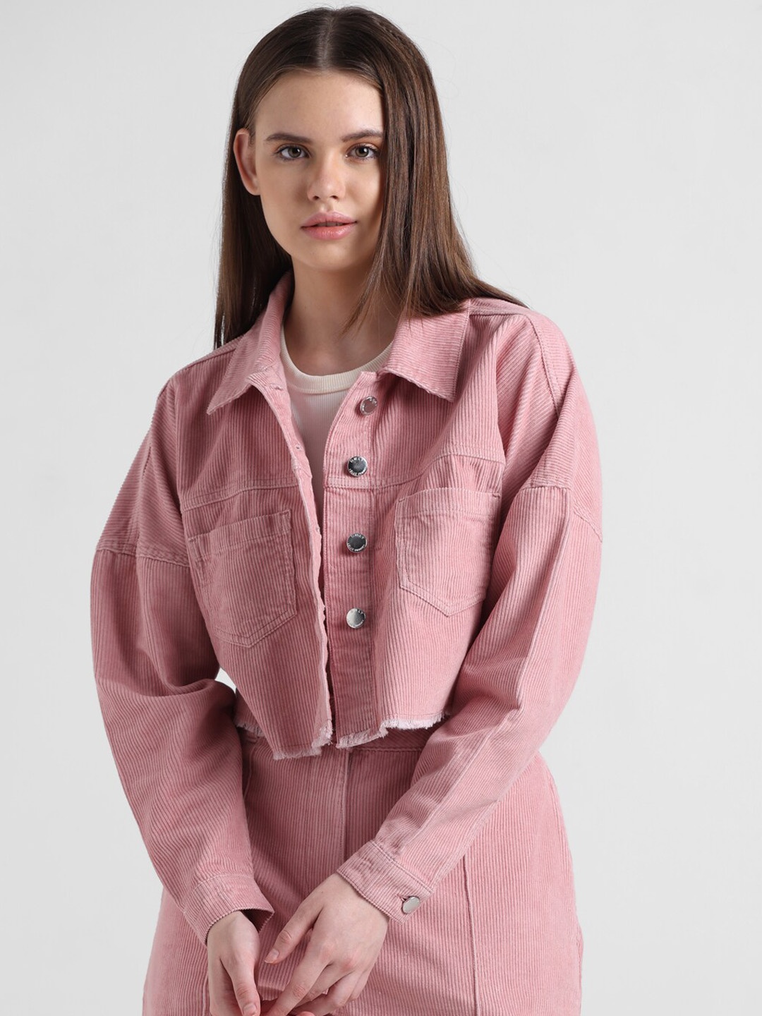 

ONLY Onlmia Cordroy Shirt Collar Crop Pure Cotton Tailored Jacket, Pink