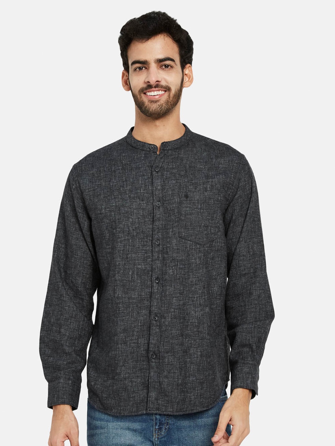 

METTLE Band Collar Long Sleeves Cotton Casual Shirt, Black