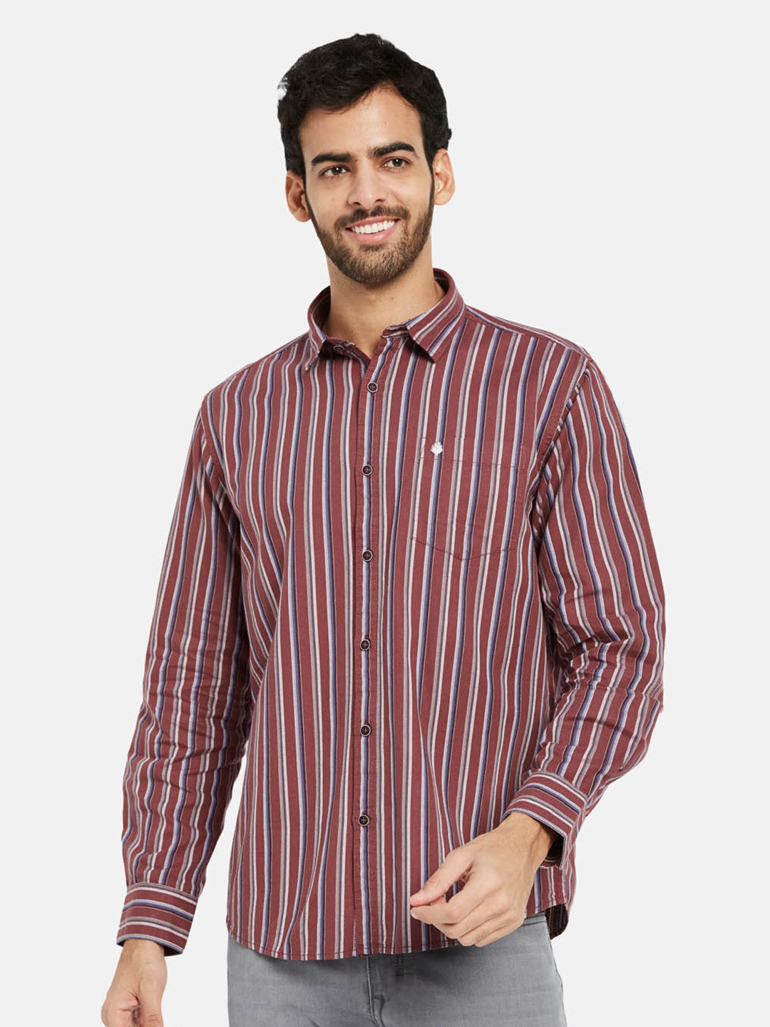 

METTLE Vertical Striped Spread Collar Cotton Casual Shirt, Maroon