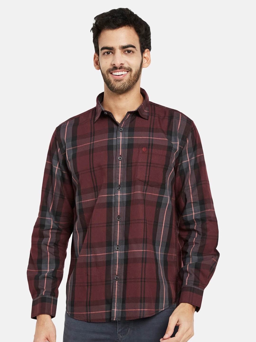 

METTLE Checked Spread Collar Cotton Casual Shirt, Maroon