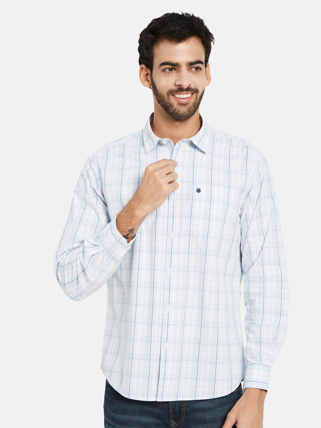 

METTLE Tartan Checked Spread Collar Cotton Casual Shirt, Blue