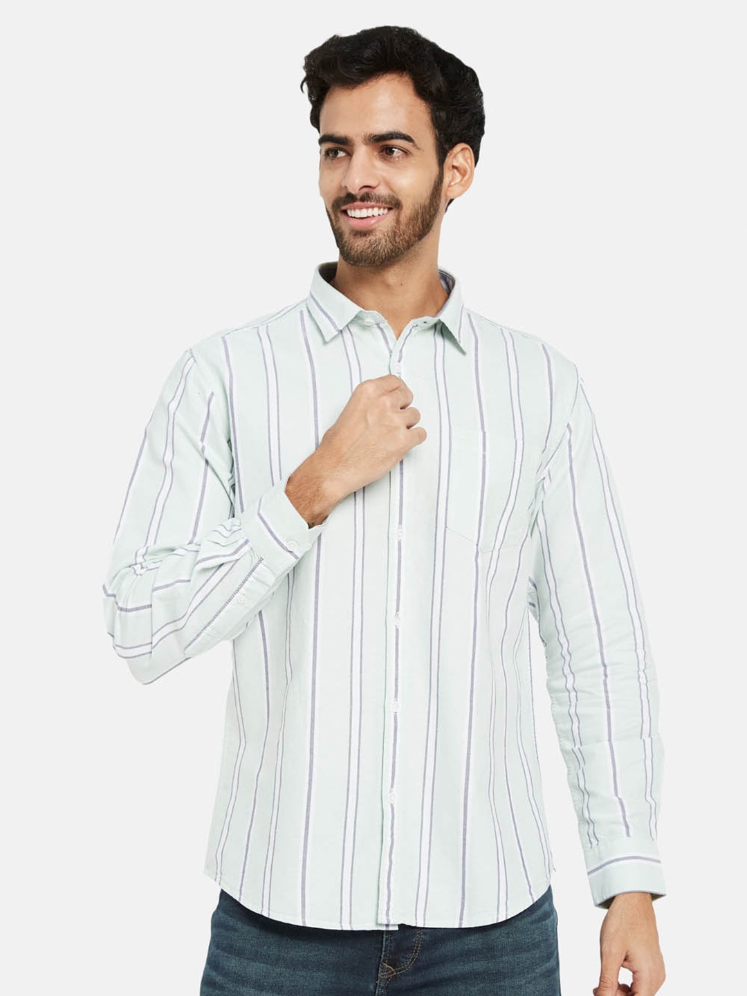 

METTLE Striped Cotton Opaque Casual Shirt, Grey