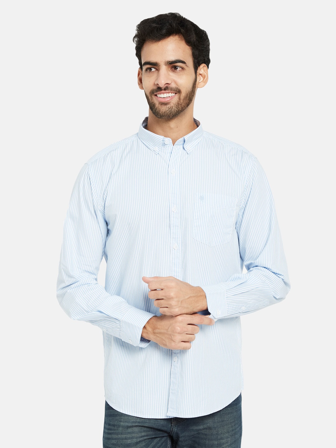 

METTLE Vertical Striped Button Down Collar Cotton Casual Shirt, Blue