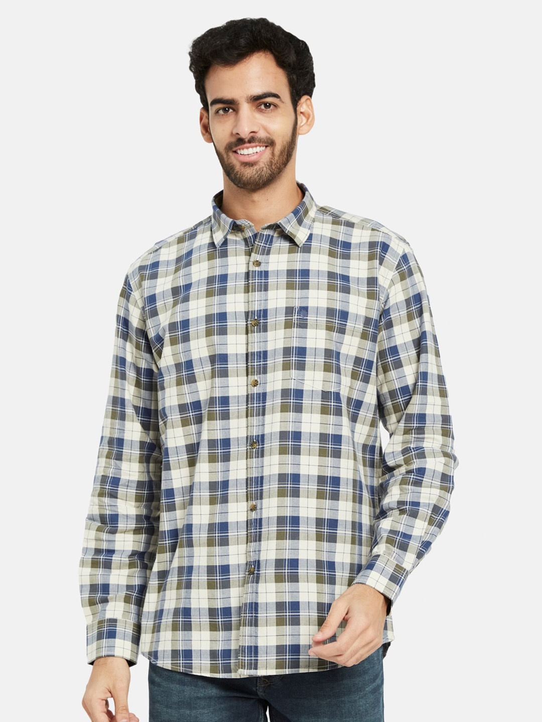 

METTLE Tartan Checked Spread Collar Cotton Casual Shirt, Olive