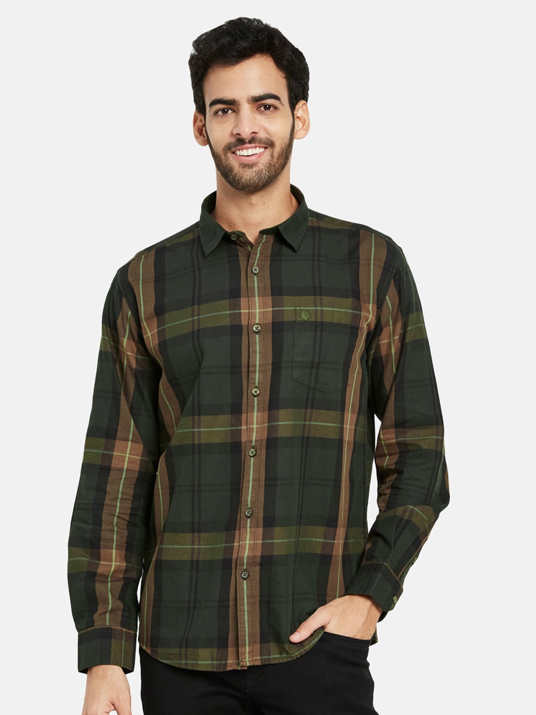 

METTLE Tartan Checked Cotton Casual Shirt, Olive