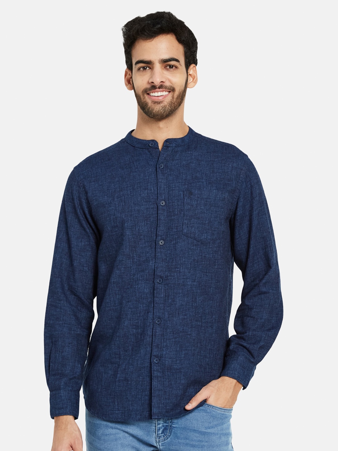 

METTLE Band Collar Cotton Casual Shirt, Navy blue