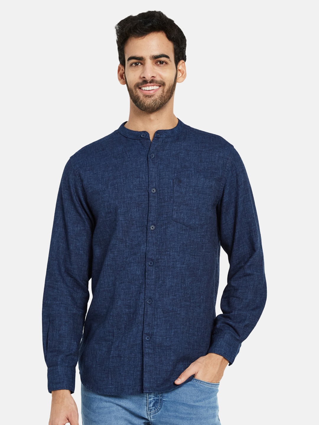 

METTLE Mandarin Collar Cotton Casual Shirt, Navy blue