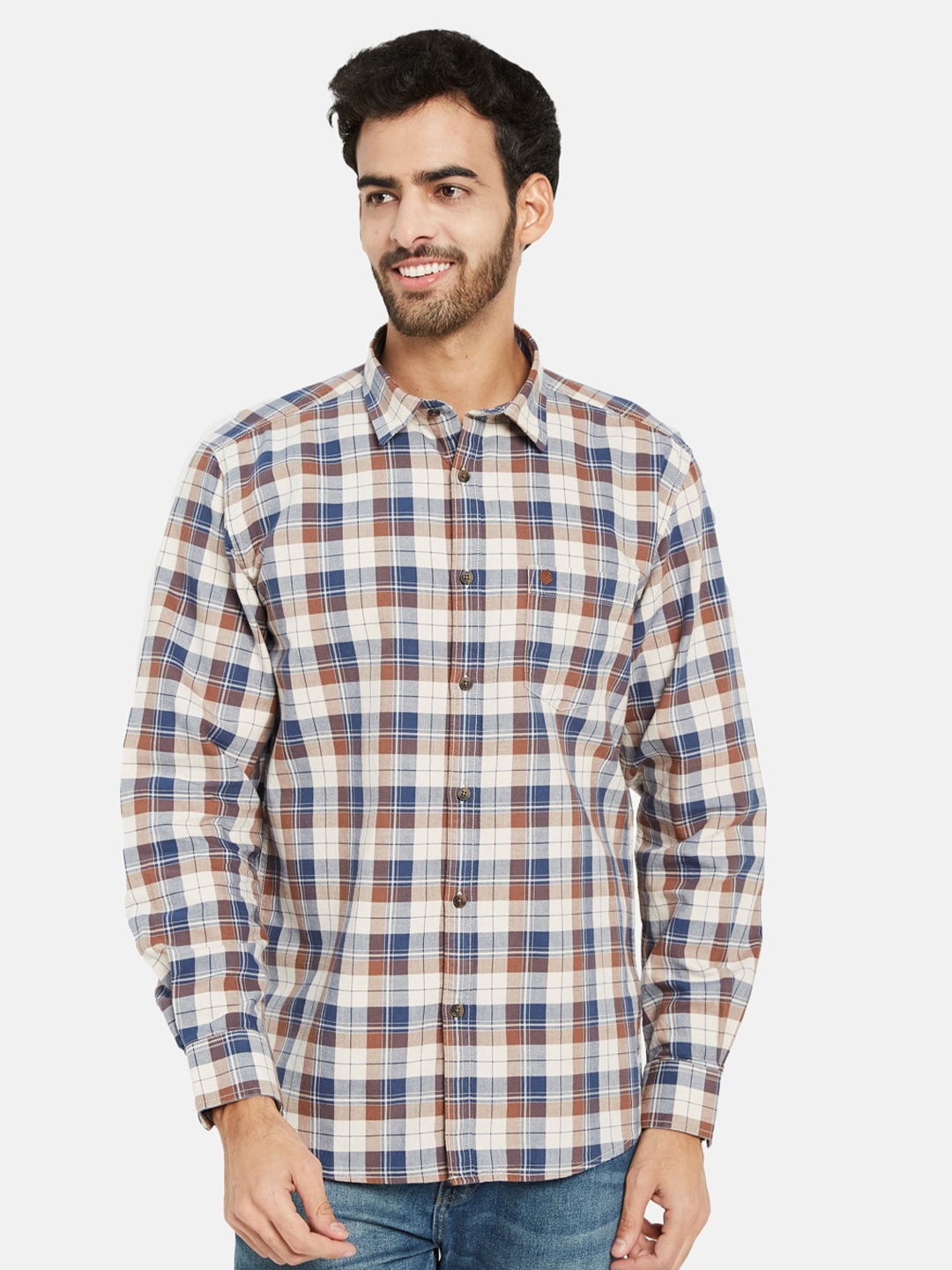 

METTLE Tartan Checks Cotton Casual Shirt, Brown