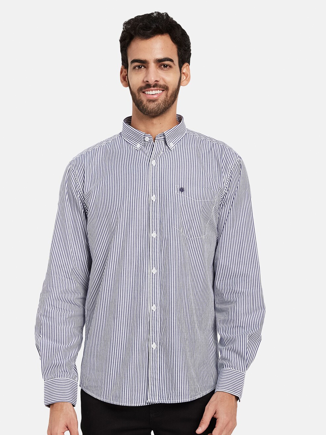 

METTLE Vertical Striped Button Down Collar Cotton Casual Shirt, Navy blue