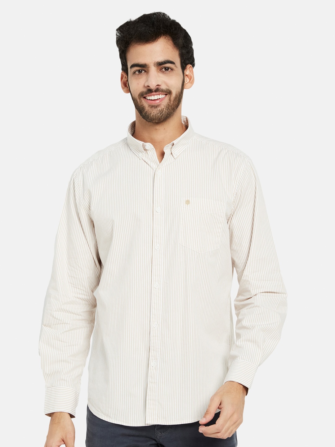 

METTLE Striped Cotton Button-Down Collar Opaque Casual Shirt, Cream