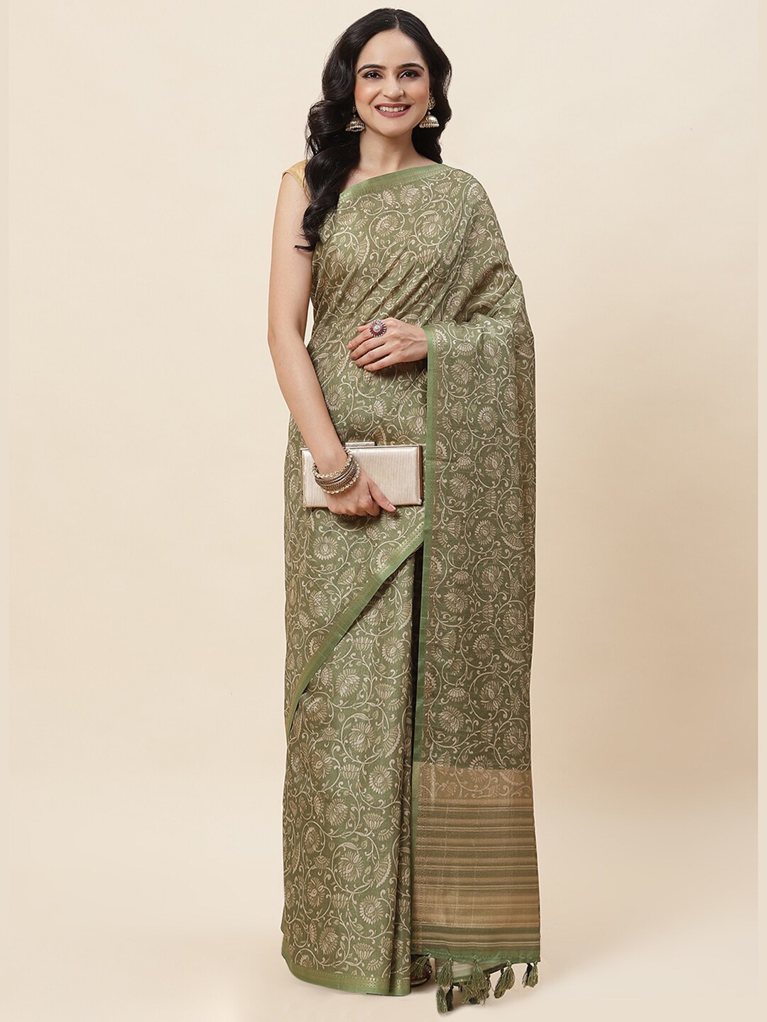 

Meena Bazaar Floral Printed Zari Tussar Saree, Green