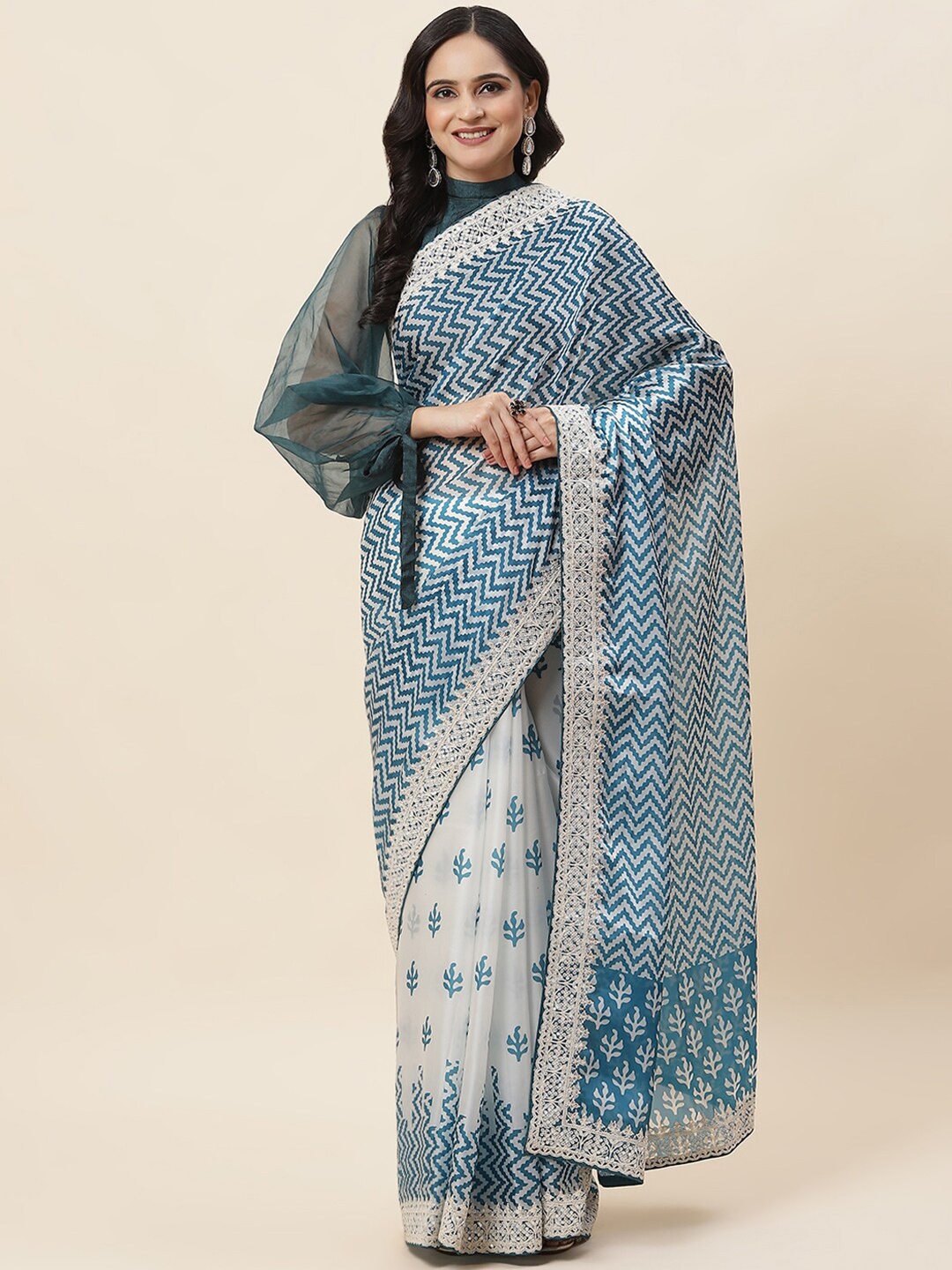 

Meena Bazaar Geometric Printed Embroidered Satin Saree, Blue