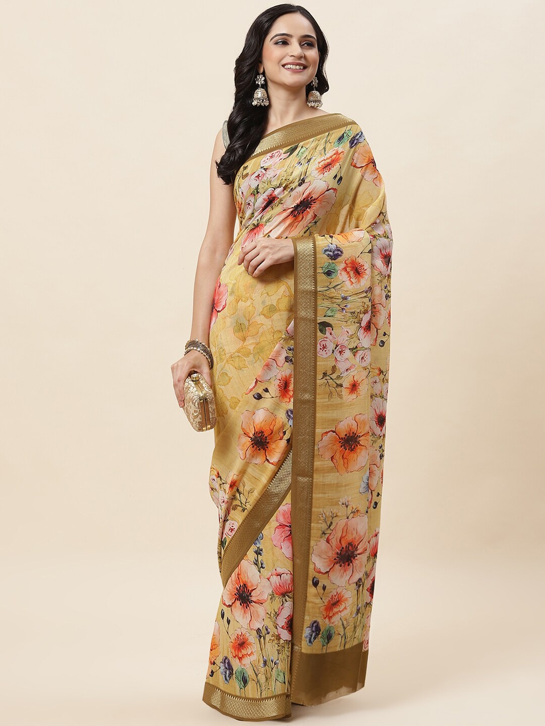 

Meena Bazaar Floral Printed Zari Detailed Saree, Mustard