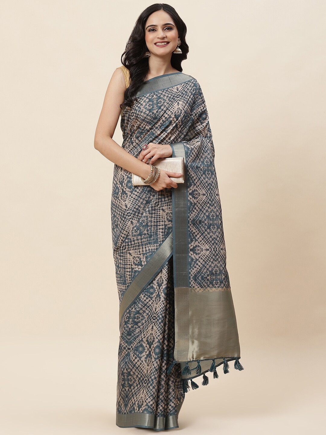 

Meena Bazaar Tie and Dye Zari Tussar Saree, Blue