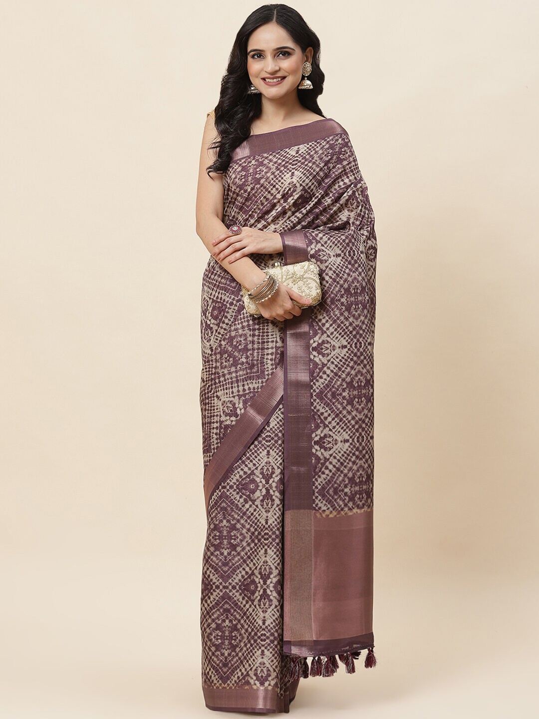 

Meena Bazaar Abstract printed Zari Art Silk Tussar Saree, Purple
