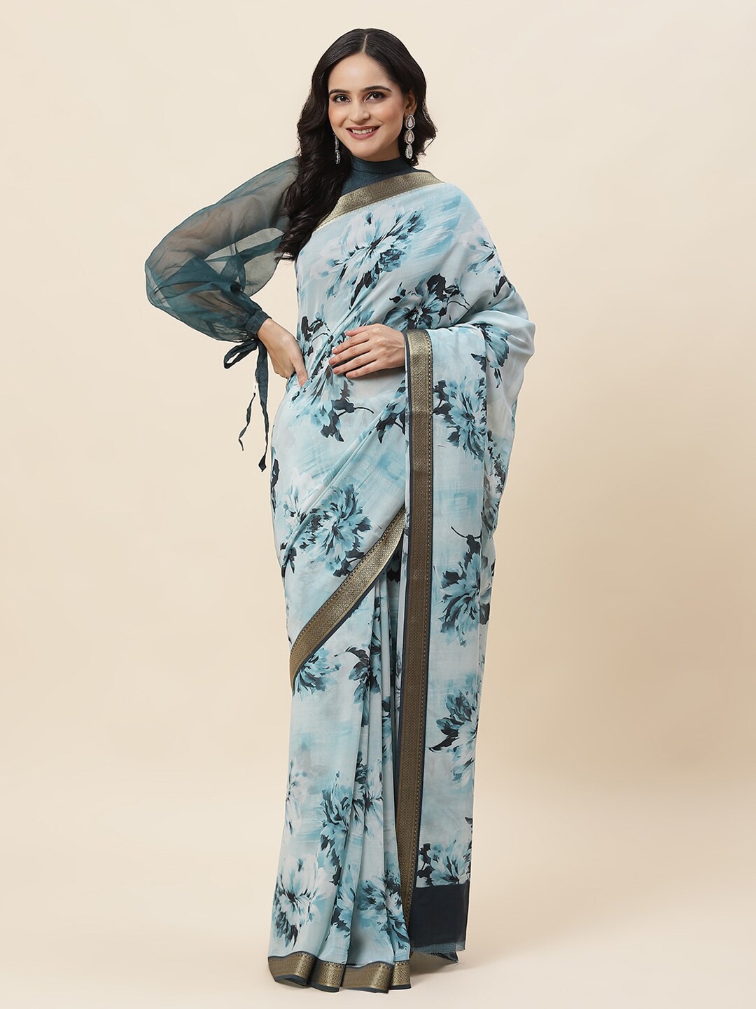 

Meena Bazaar Floral Printed Zari Saree, Blue
