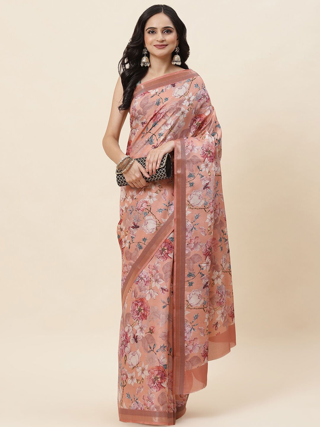 

Meena Bazaar Floral Printed Zari Saree, Peach