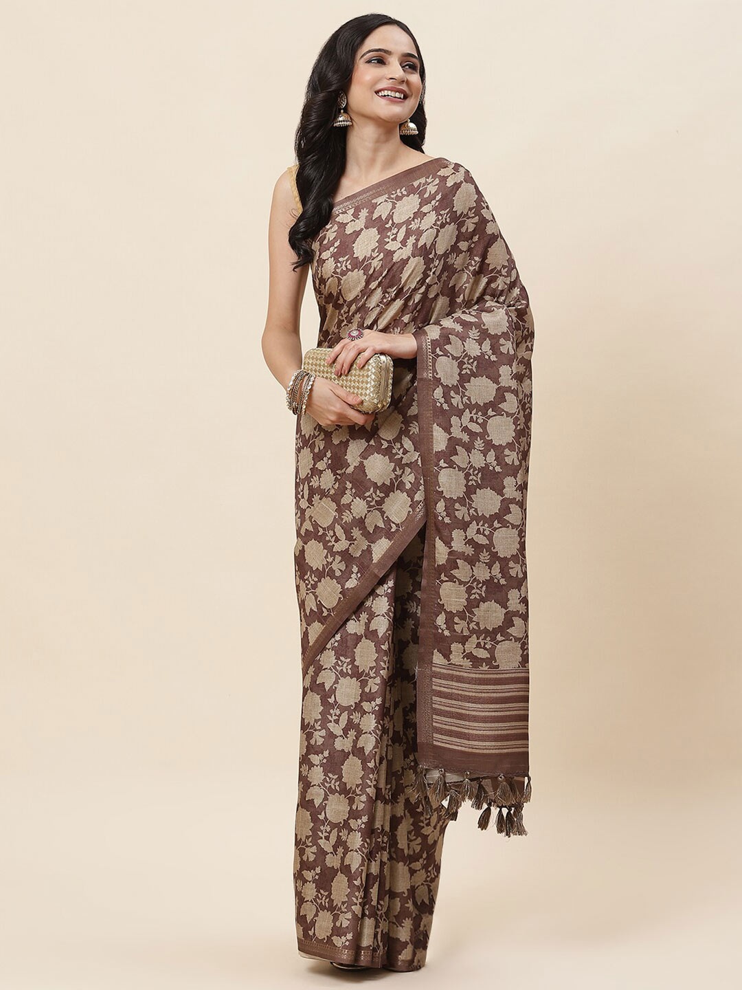 

Meena Bazaar Floral Printed Zari Tussar Saree, Brown