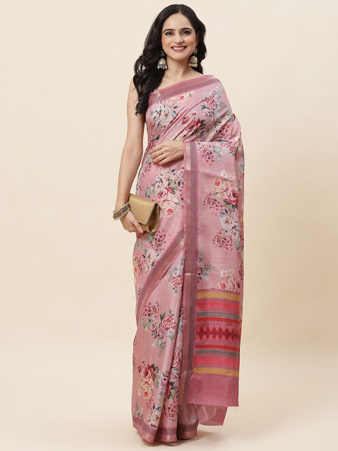 

Meena Bazaar Floral Printed Zari Detailed Saree, Pink
