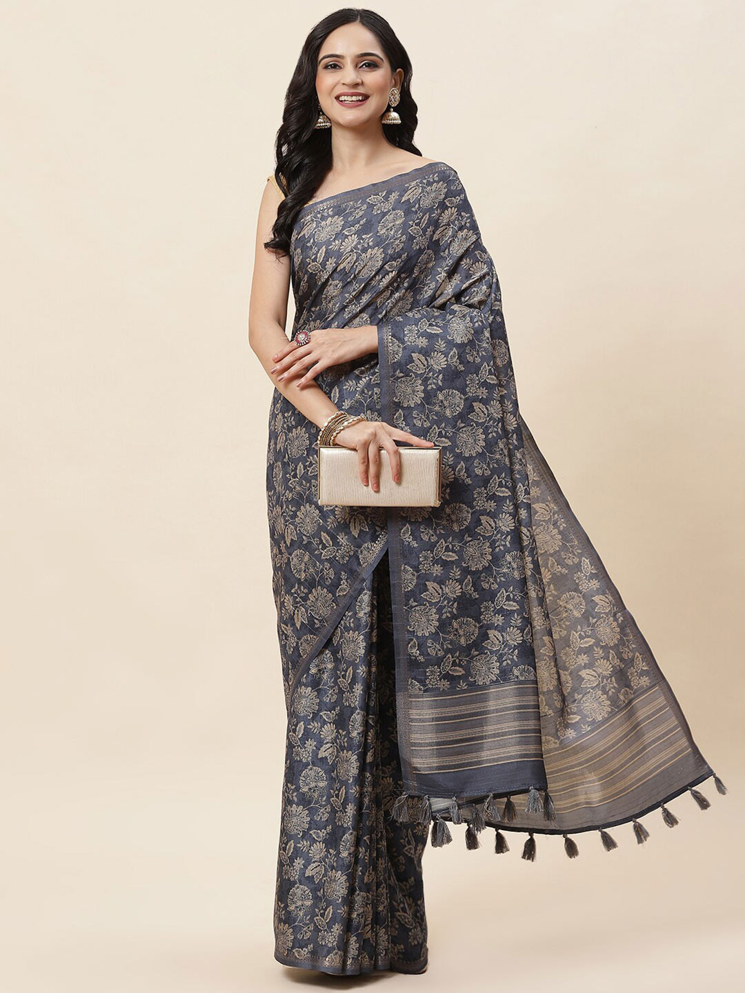 

Meena Bazaar Floral Printed Zari Art Silk Tussar Saree, Grey