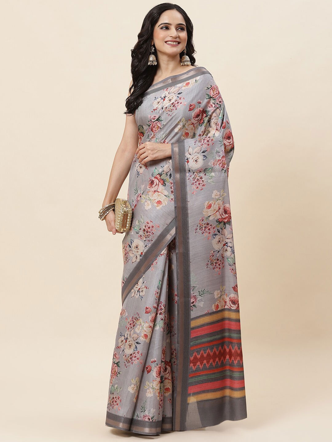 

Meena Bazaar Floral Printed Zari Saree, Grey