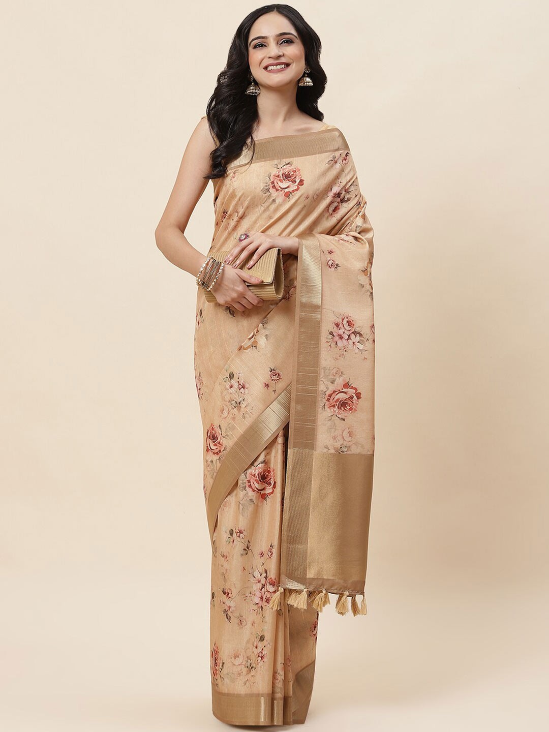 

Meena Bazaar Floral Printed Zari Tussar Saree, Beige