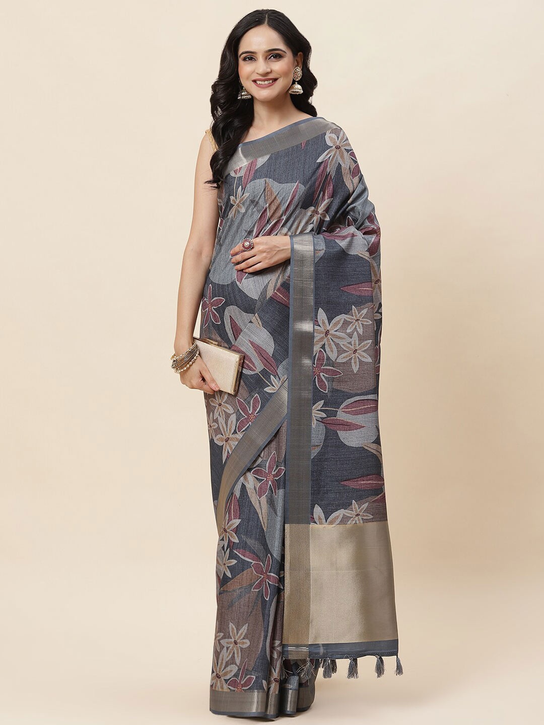 

Meena Bazaar Floral Printed Zari Art Silk Tussar Saree, Grey