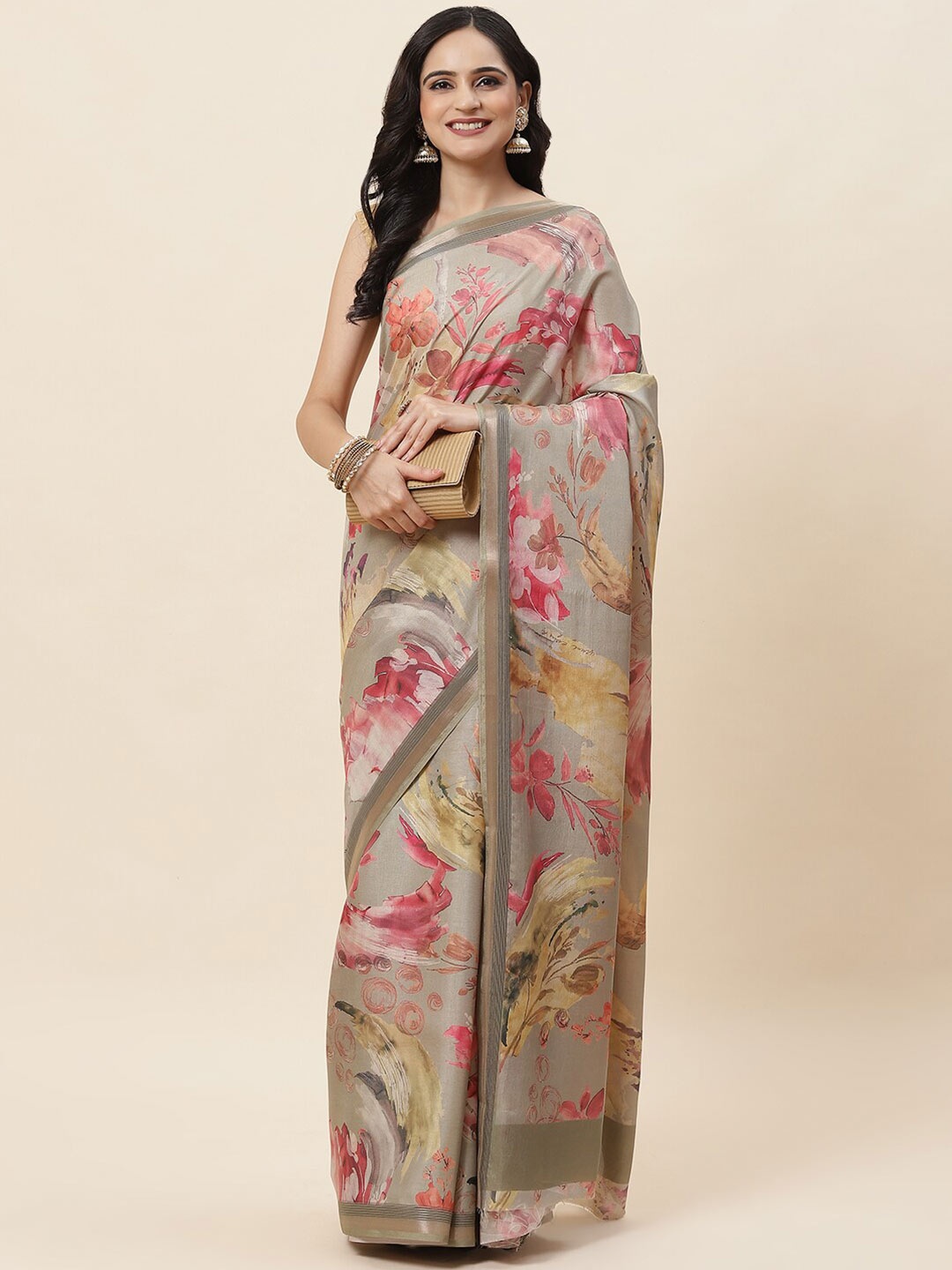 

Meena Bazaar Floral Printed Zari Saree, Green