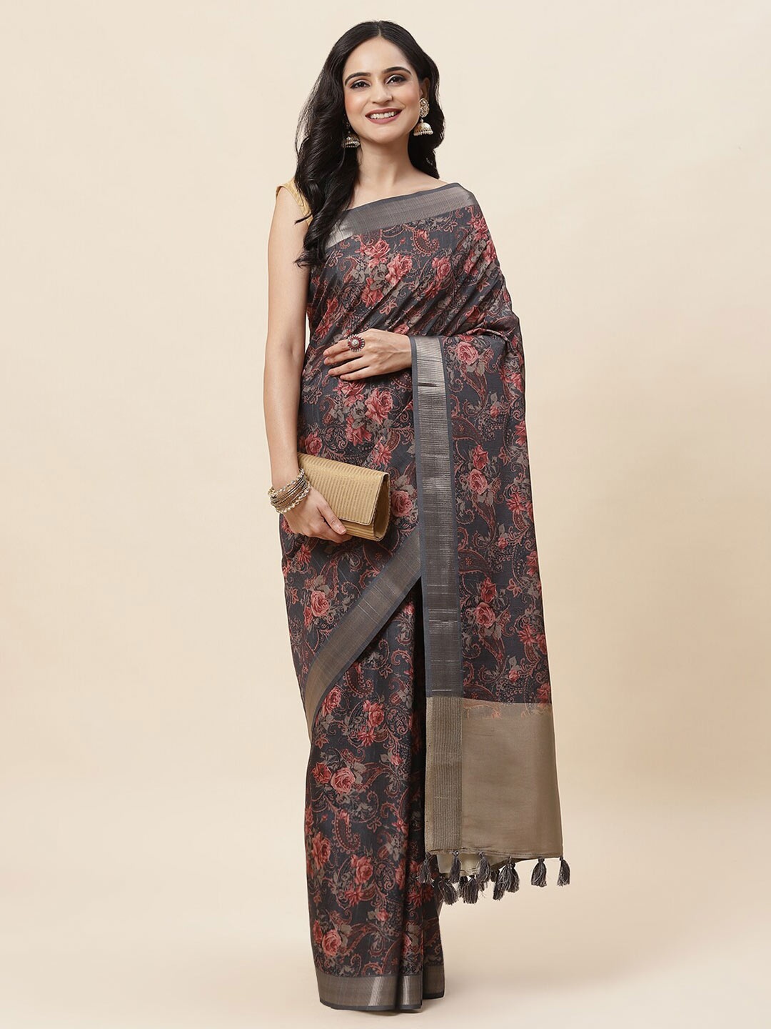 

Meena Bazaar Floral Printed Zari Tussar Saree, Grey