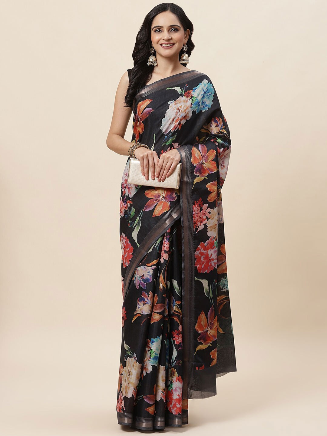 

Meena Bazaar Floral Printed Zari Saree, Black