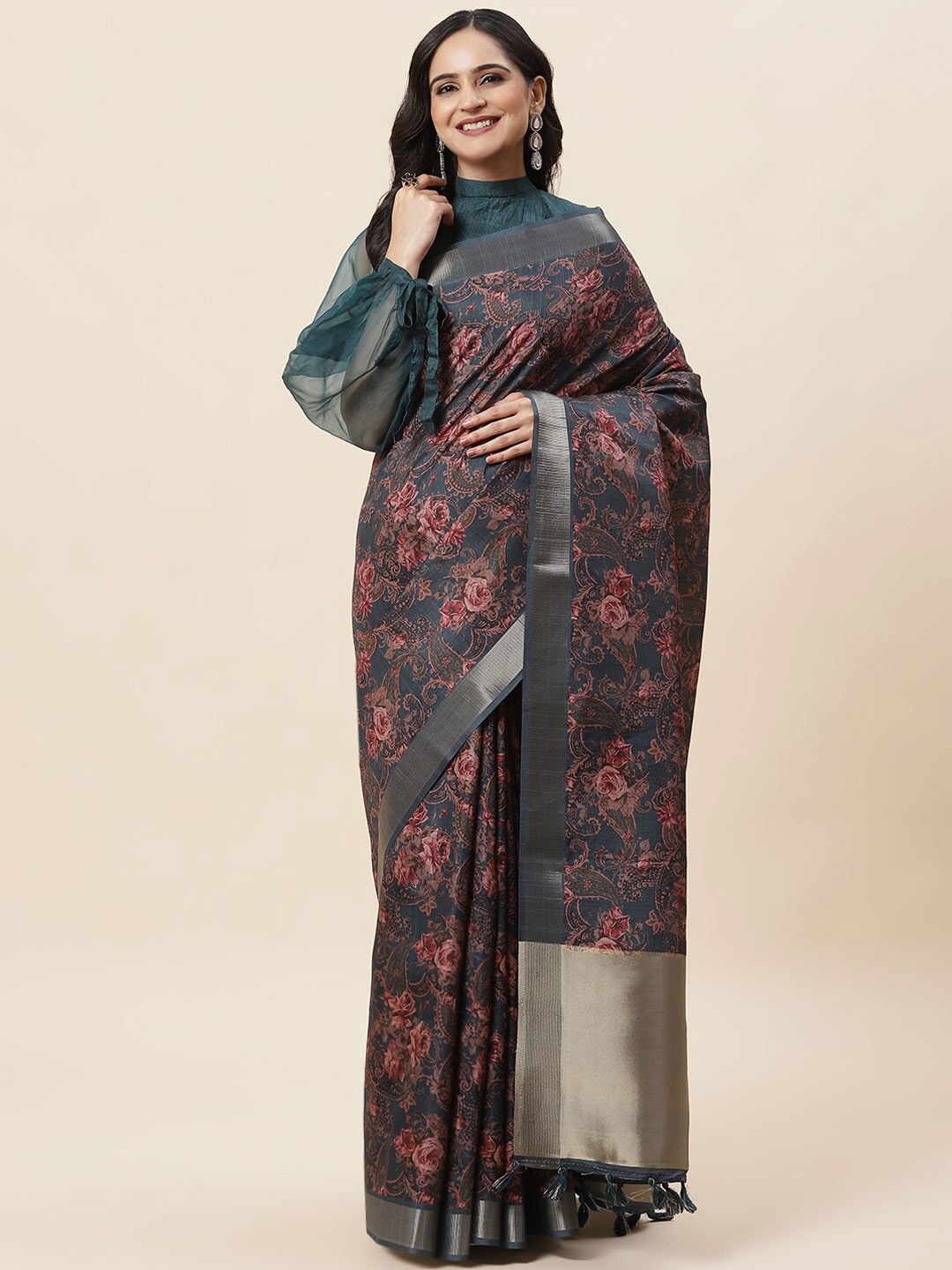 

Meena Bazaar Floral Printed Zari Tussar Saree, Blue
