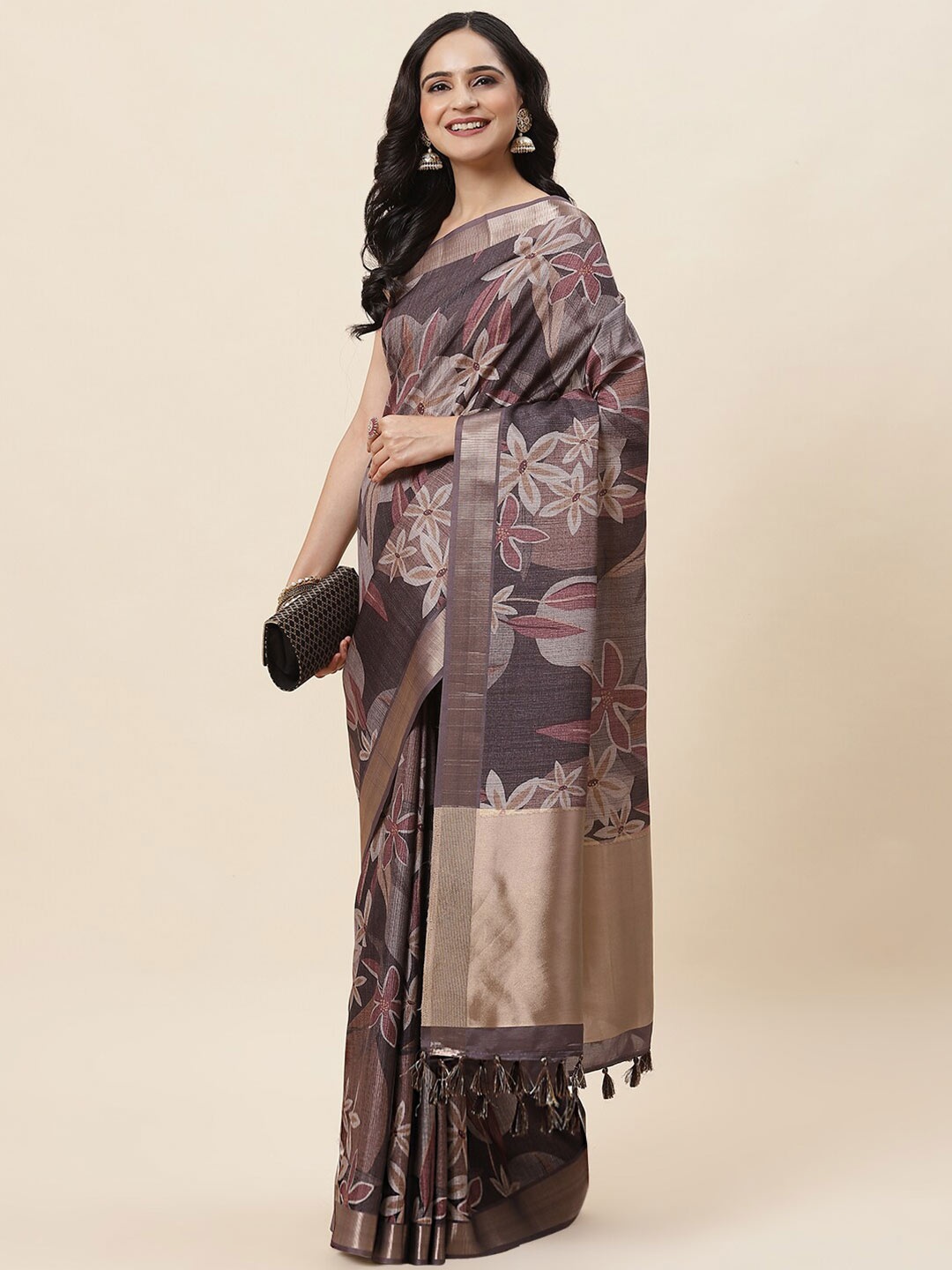 

Meena Bazaar Floral Printed Zari Detailed Tussar Saree, Brown