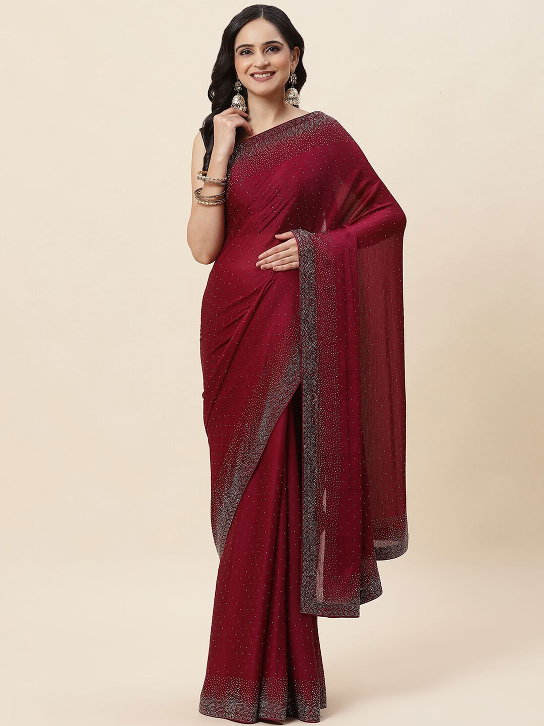 

Meena Bazaar Embellished Beads and Stones Poly Chiffon Saree, Burgundy