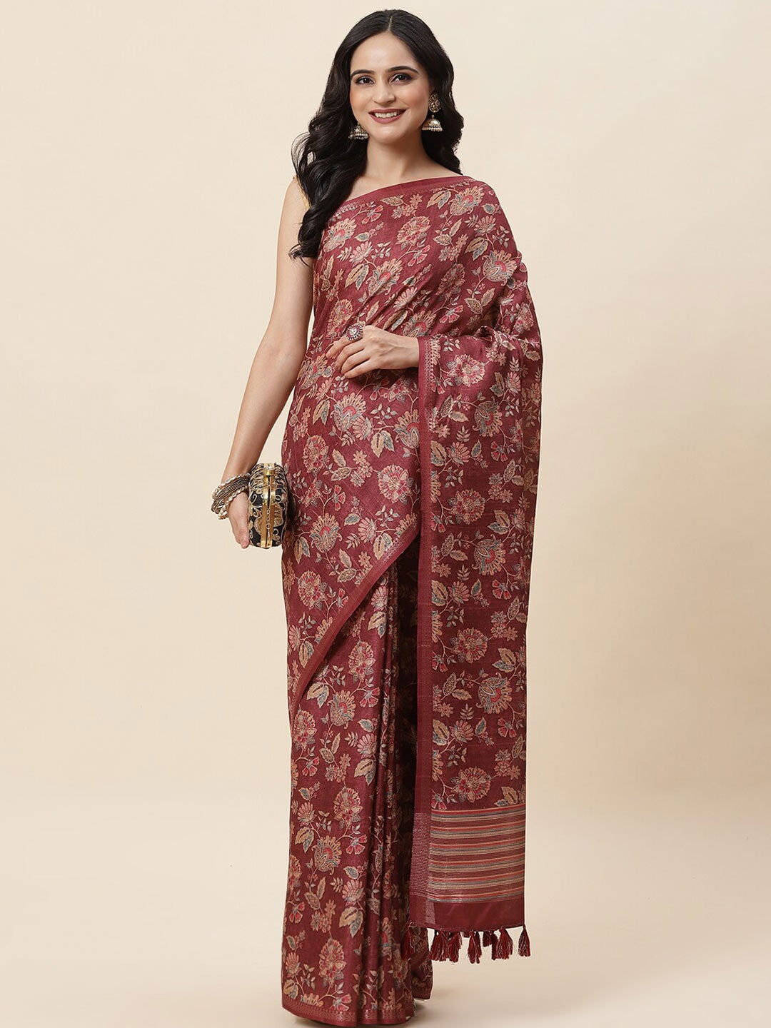 

Meena Bazaar Floral Printed Zari Tussar Saree, Maroon