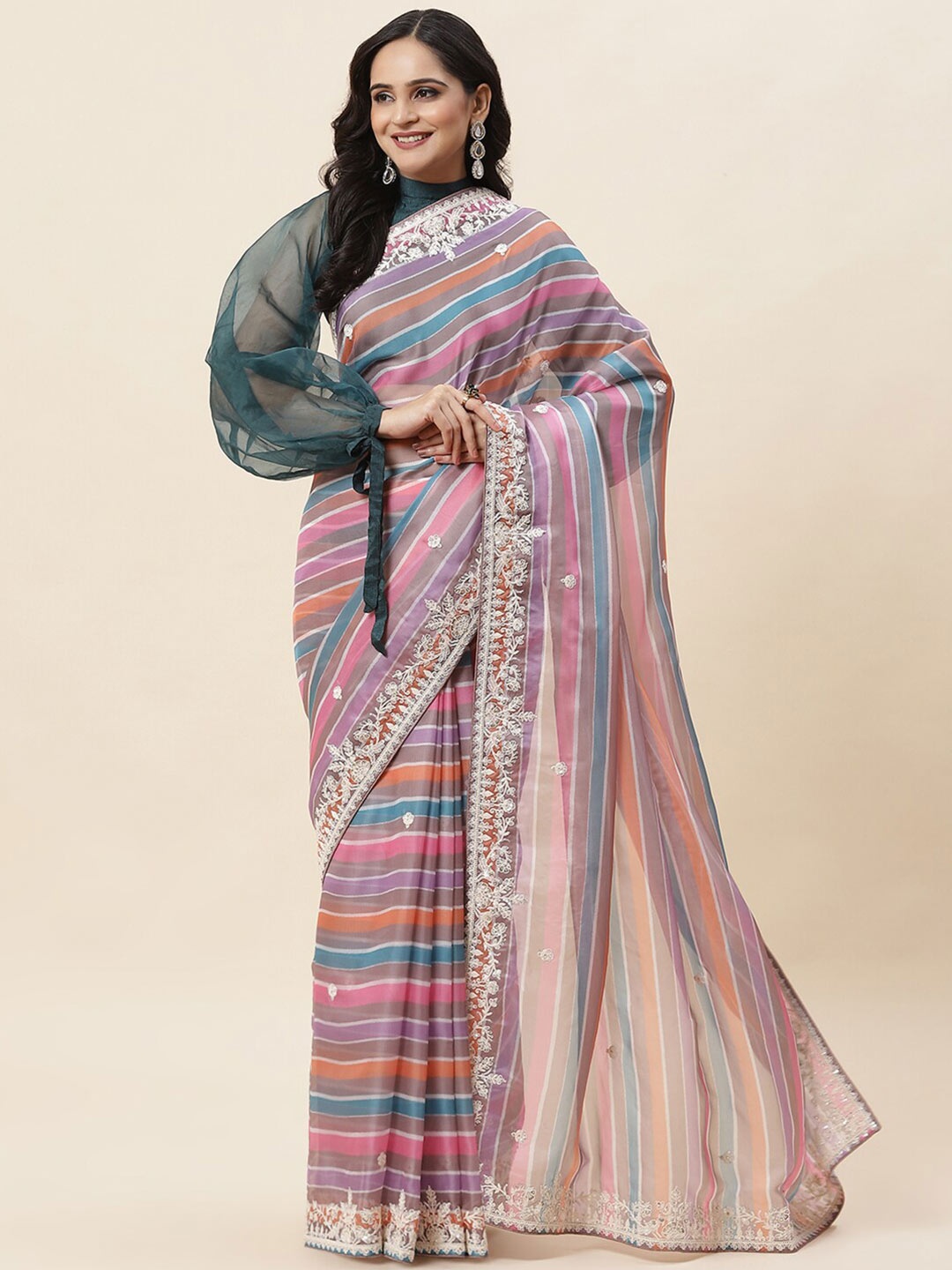 

Meena Bazaar Striped Embroidered Organza Saree, Pink