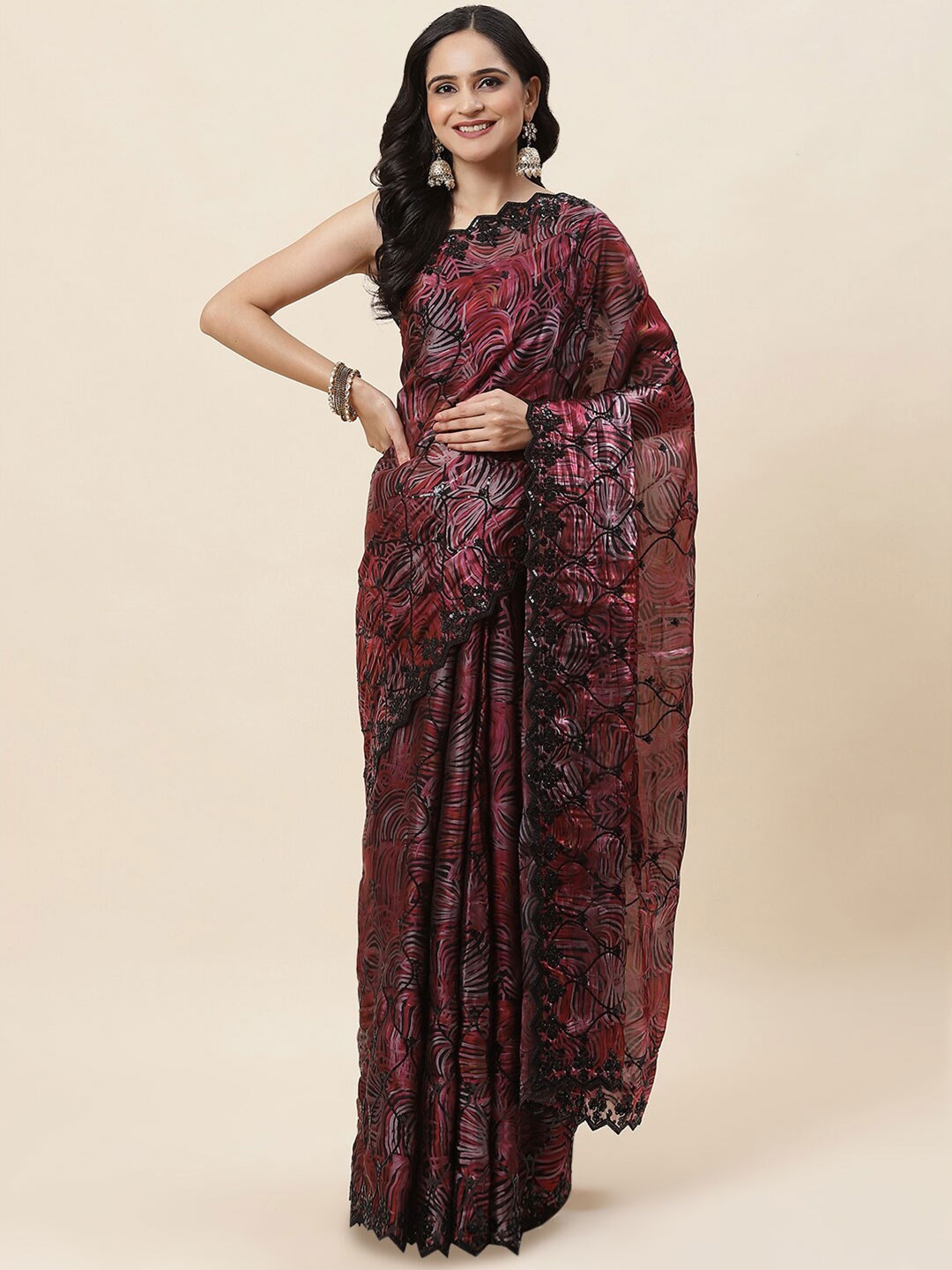 

Meena Bazaar Abstract Printed Sequinned Satin Saree, Magenta