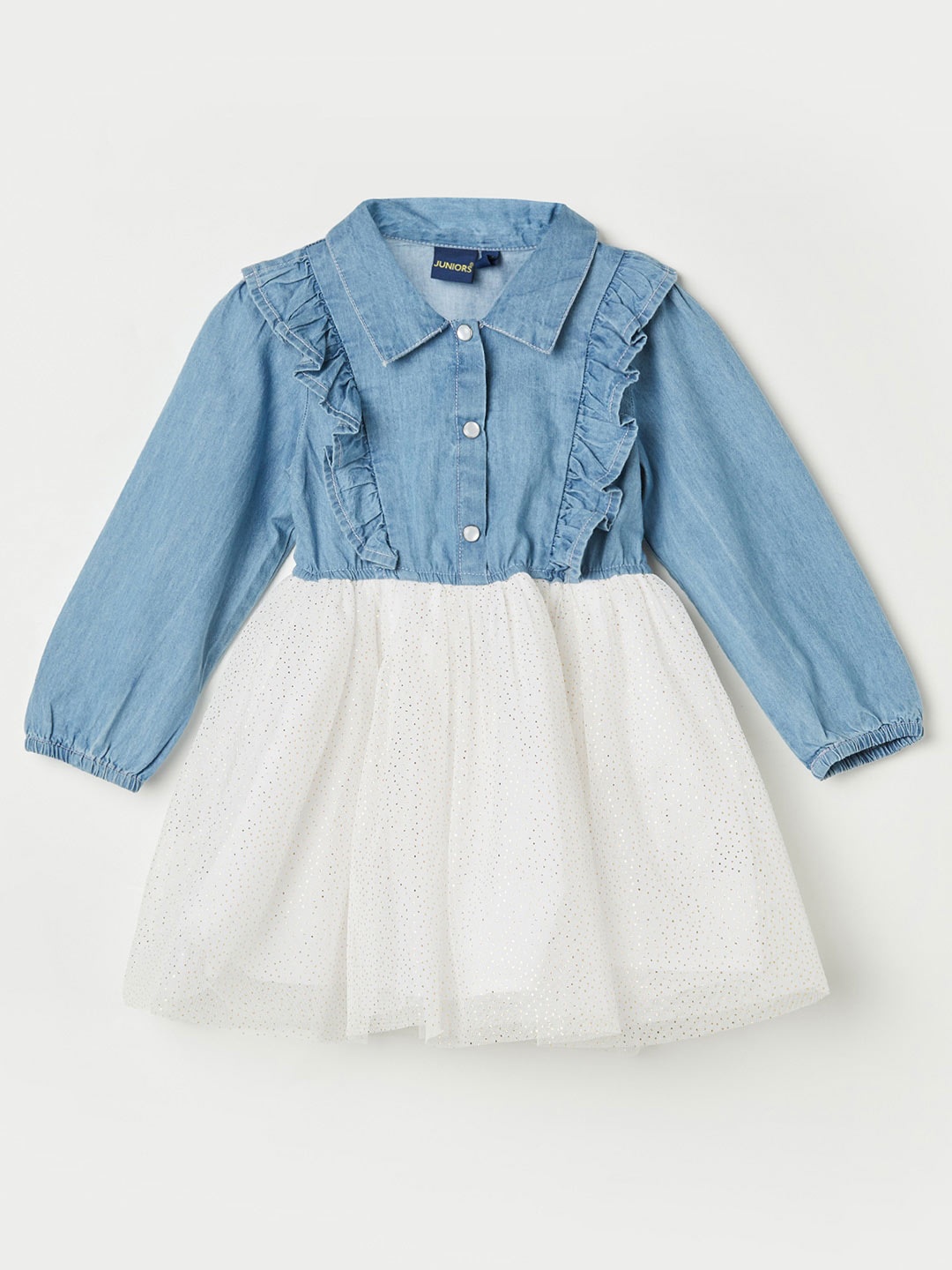 

Juniors by Lifestyle Girls Colourblocked Ruffles Cotton Fit & Flare Dress, Blue