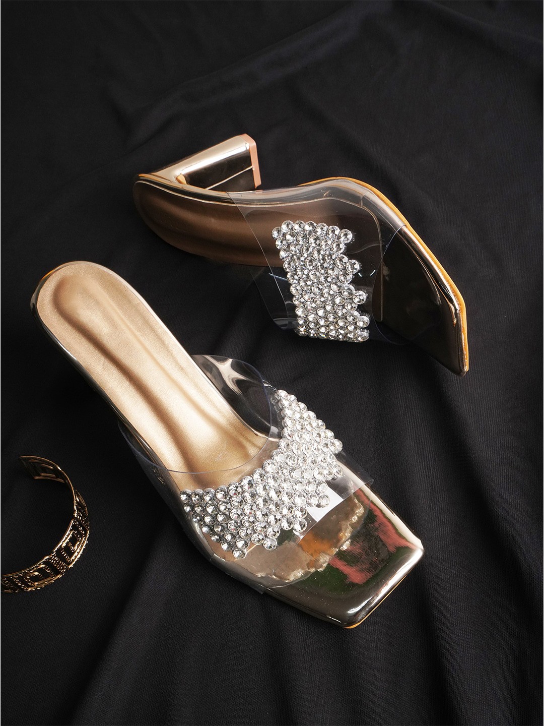

Try Me Embellished Open Toe Block Heels, Gold